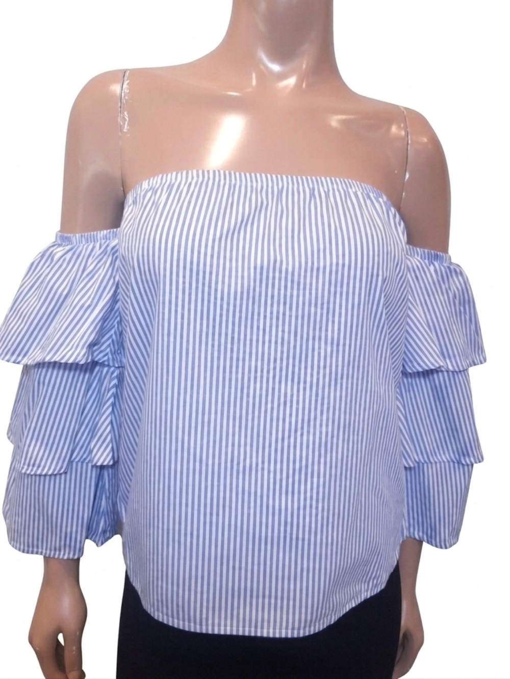 Dizzy Lizzy Strapless Striped Blouse Off Shoulder Ruffled Tiered Sleeve Top